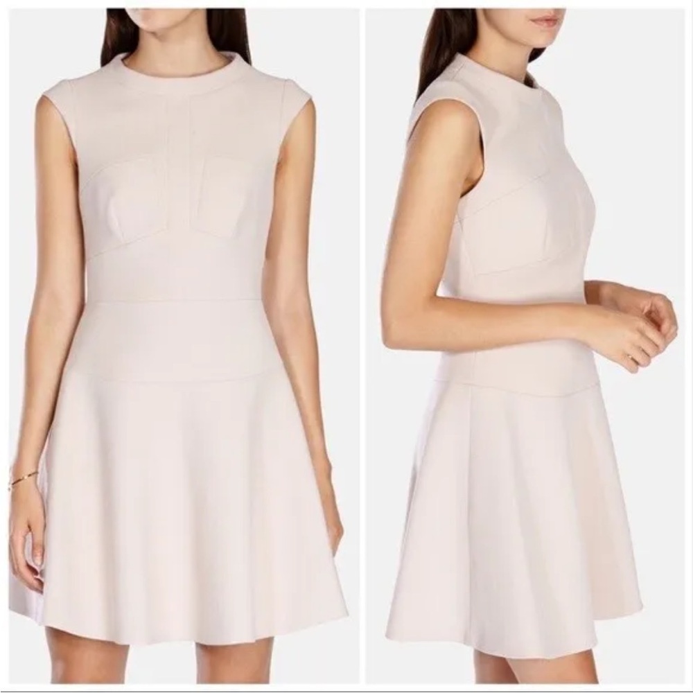 NWT *KAREN MILLEN* SEAMED PINK FIT AND FLARE ALINE DRESS SZ US 8 UK 12 - $250!